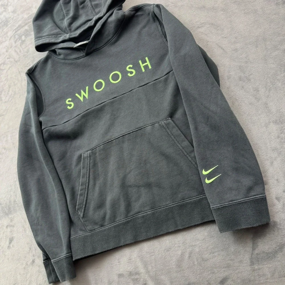 Nike Sportswear Swoosh Hoodie Black Lime Green Logo Pullover Boys Large